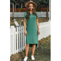 Green Casual Short Sleeve T-shirt Midi Dress with High Splits