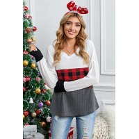 Red Plaid Color Block V Neck Long Sleeve Top