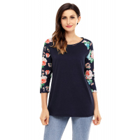 Floral Print Raglan Sleeve Black Top