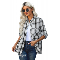 Plaid Curved Hem Pocket Tab-Sleeve Shirt 