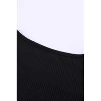 Black Solid Color Ribbed Texture Slim Top with Button