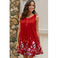 Red Crew Neck A-Line Daily Beach Floral Dress