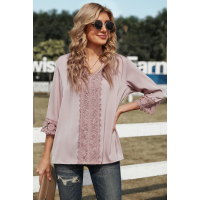 Pink 3/4 Sleeves Crochet Detail V Neck Blouse