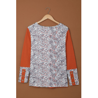 Orange Leopard Splicing Button Long Sleeves Top