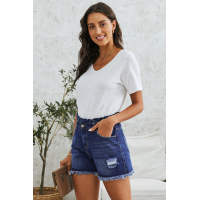 Blue High Rise Ruffle Waist Denim Shorts