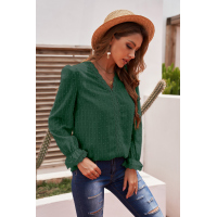 Green Elegant V-Neck Swiss Dot Lace Blouse