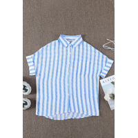  V Neck Stripes Roll up Sleeve Button Shirt