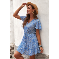 Blue V Neck Short Sleeve Layered Ruffled Floral Dress