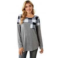 Black Buffalo Plaid Splicing Long Sleeve Top