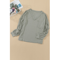 Green V-neck Lantern Sleeve Knit Long Sleeve Top