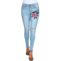 Rose Embroidery Distressed Light Blue Skinny Jeans