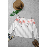 White Floral Striped Print Long Sleeve Top