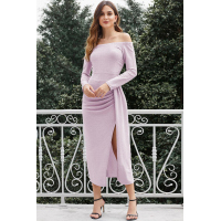 Light Purple Pink Metallic Glitter Off Shoulder Prom Dress