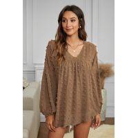 Brown V Neck Polka Dot Lantern Sleeve Top