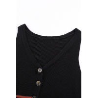 Black V Neck Striped Pattern Knit Tank Top with Buttons