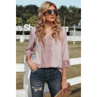 Pink 3/4 Sleeves Crochet Detail V Neck Blouse