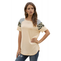 Khaki Striped Leopard Print Short Sleeve Women T-shirt