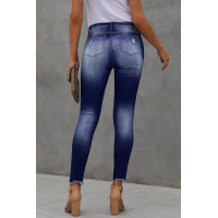 Blue High Rise Button Front Frayed Ankle Skinny Jeans