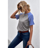 Gray Raglan Sleeve Patchwork Colorblock Tee