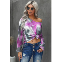 V-neck Knotted Rose Tie-dye Top