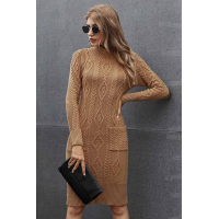 Brown High Neck Textured Bodycon Sweater Dress