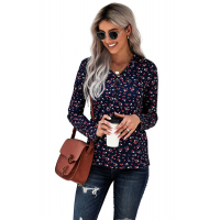 Navy Button V Neck Long Sleeve Floral Top