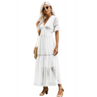 Swiss Dot Lace Trim Maxi Dress