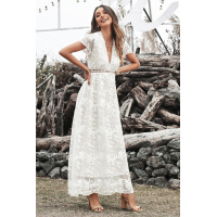 White V Neck Lace Maxi Dress