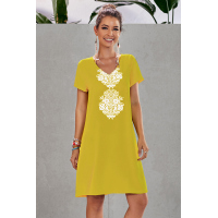 Yellow Summer Tribal Print V-Neck Shift Casual Dress