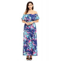 Flower Print Blue Grounding Off Shoulder Long Boho Dress