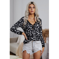 Spotted Print Black Long Sleeve Knit Top