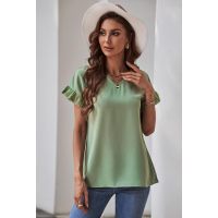 Green V Neck Ruffle Short Sleeve T-shirt