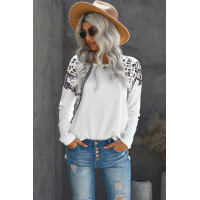 White Long Sleeve Top With Leopard Snakeskin Print