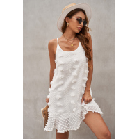 White Spaghetti Straps Jacquard Ruffle Mini Dress