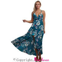 Slate Blue Floral Chiffon Spaghetti Straps Maxi Dress