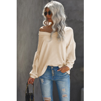 Beige Billowed Sleeve Thermal Knit Top