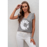 Gray V-Neck Daisy Print Casual Tank Top