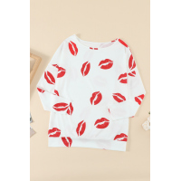 White Valentine’s Day Lip Prints Long Sleeve Top