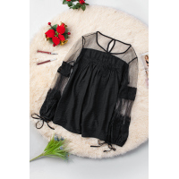 Black Fashion Lantern-Sleeve Lace Patchwork Top