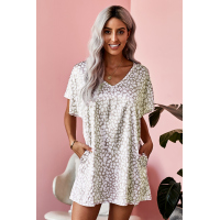 V-Neck Half Sleeve Leopard Casual T Shirt Dress with Pockets