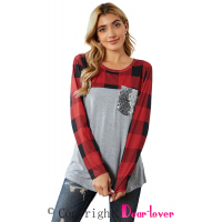 Plaid Print Patchwork Gray Long Sleeve Top