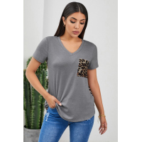 Gray Leopard Printed Splicing T-Shirt