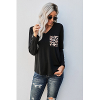 Black Leopard Patch Pocket Long Sleeve Top