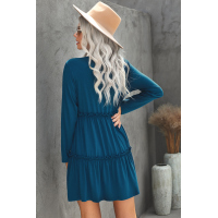 Blue Long Sleeve Ruffled Solid Swing Mini Dress