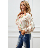 Apricot Crewneck Floral Printed Balloon Sleeves Blouse