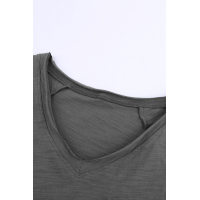 Gray V Neck Short Sleeves Cotton Blend Tee with Front Pocket and Side Slits