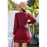 V-Neck Dotted Burgundy Empire Dress