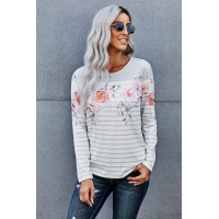 White Floral Striped Print Long Sleeve Top