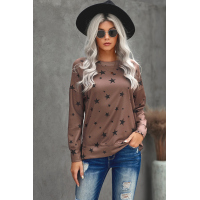 Khaki Round Neck Star Print Long Sleeve Top