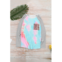 Sequin Pocket Tie-dye Panel Striped Sleeve Top